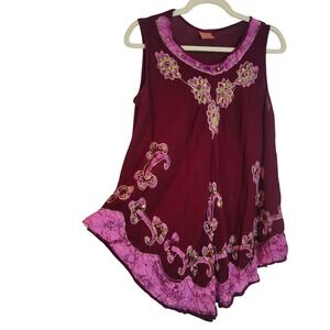 California Woman Tunic Top Burgundy Pink Batik Sequin Embroidered Free Size